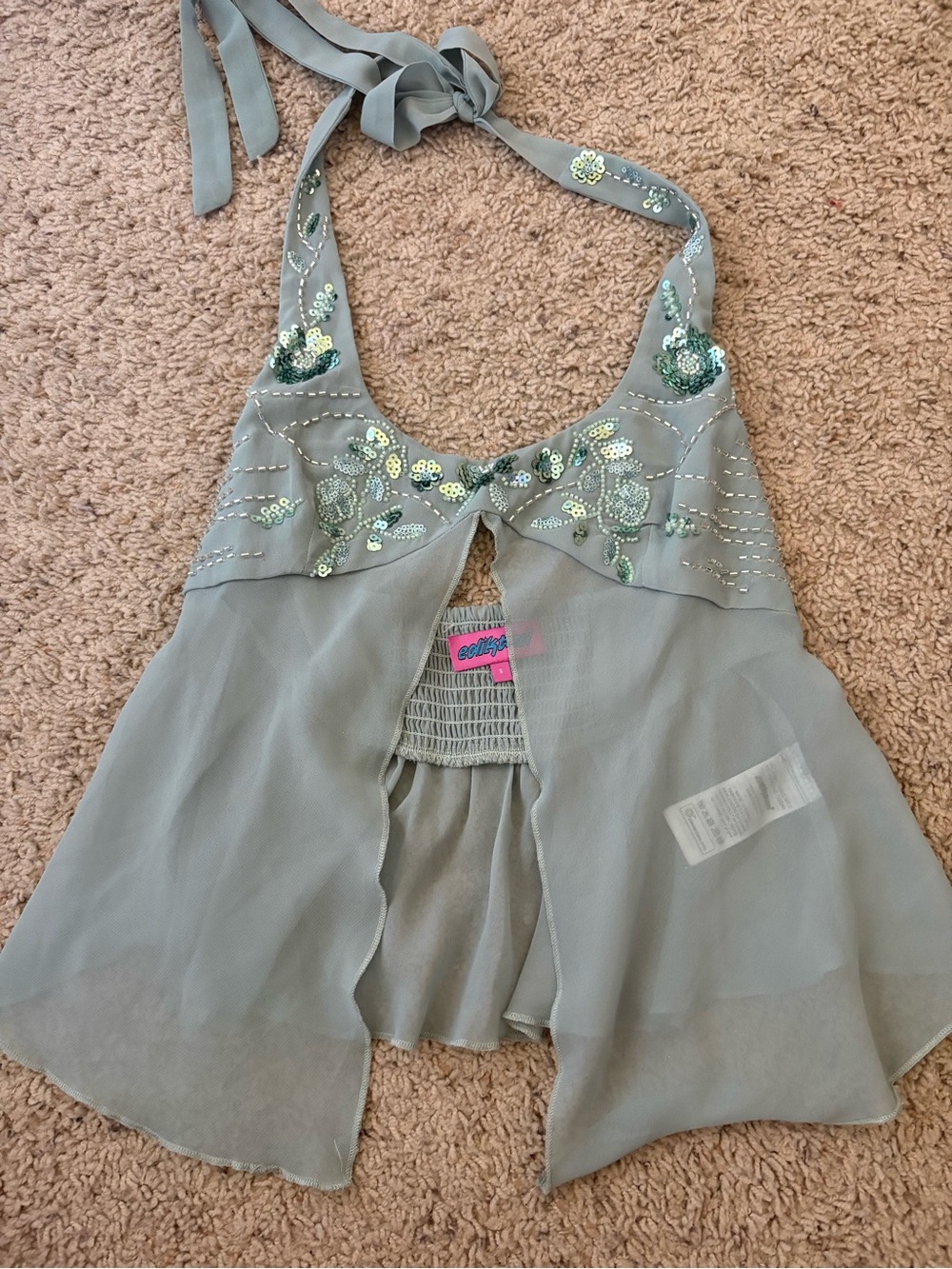 Edikted Sage Green Halter Camisole with Sequin Floral Detail